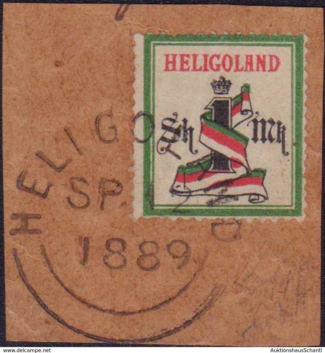 1879, 1 Sh. / 1 M., Dunkelgrün/schwarz/karmin, Gezähnt, Auf Braunem Briefstück, Mit Rundstempel Type V HELIGOLAND OC SP  - Otros & Sin Clasificación