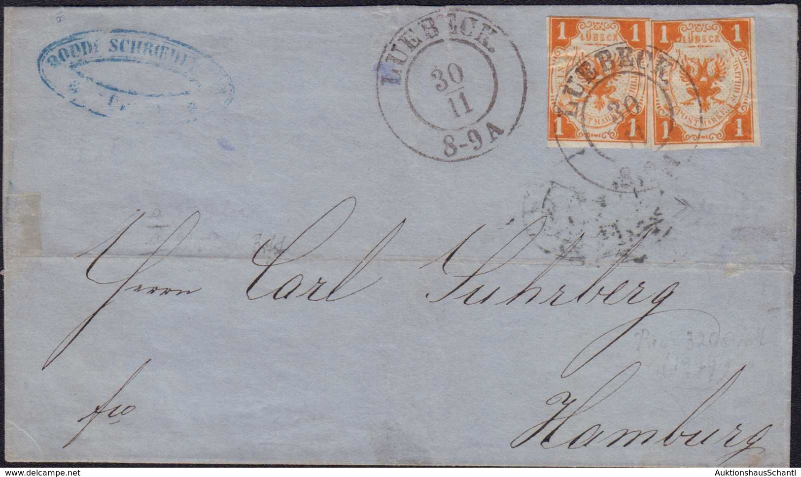 1860, 2 X 1 Schilling, Entwertet Mit Zweikreisstempel LUEBECK 30.11" Nach Hamburg. Farbfrische Marken, Randlinien Teilwe - Otros & Sin Clasificación