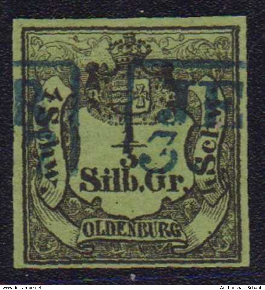 1855, 1/3 Silbergroschen / 4 Schwaren Schwarz Auf Grünoliv, Entwertet Mit Blauem, Zweizeiligen Rahmenstempel JE(VE)R 3.. - Otros & Sin Clasificación