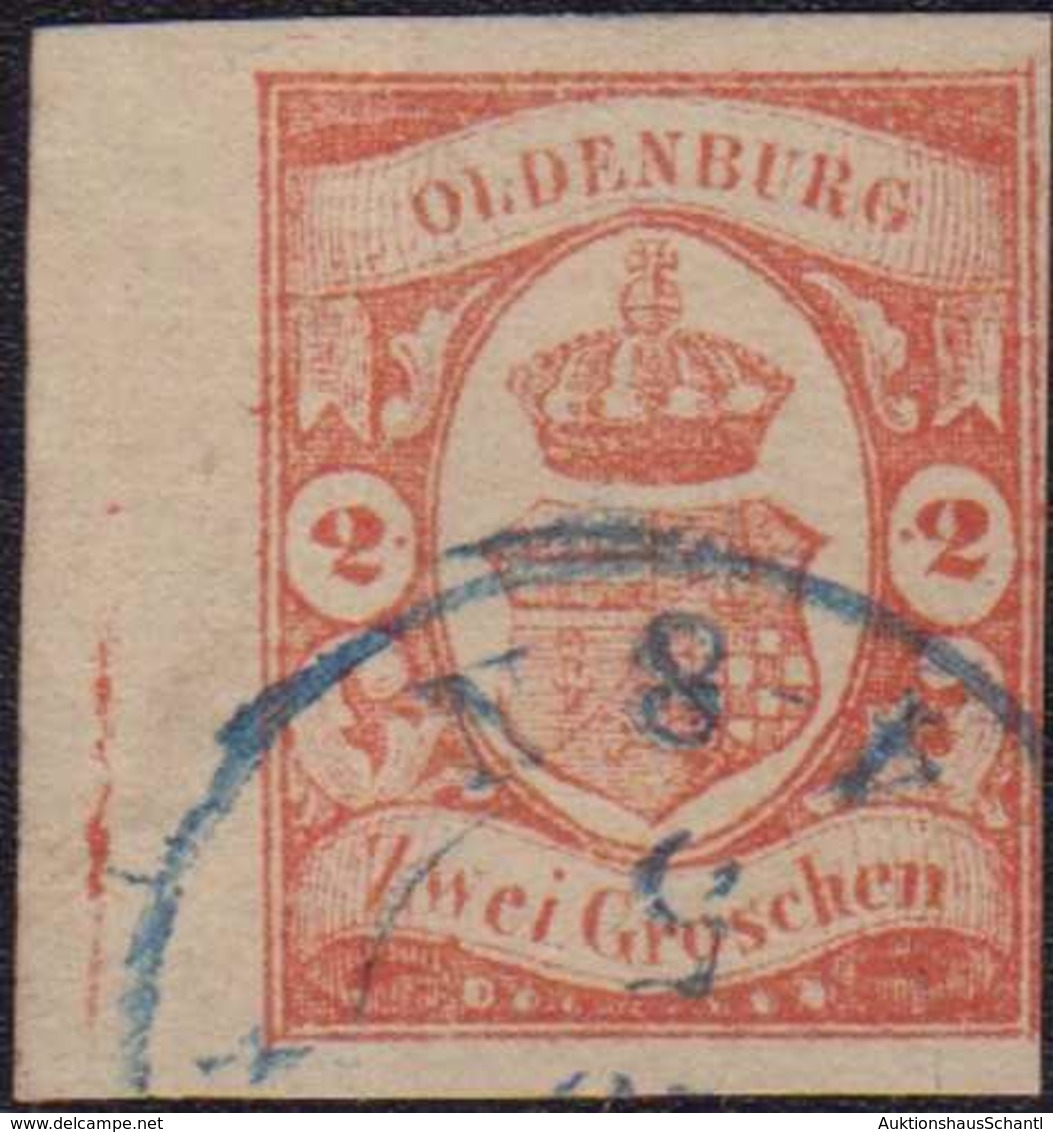 1859, 2 Groschen Zinnoberrot, Entwertet Mit Blauem Zweikreisstempel (OLDENBURG) ... 5 4-8N". Drei Seiten Breitrandig Ges - Altri & Non Classificati