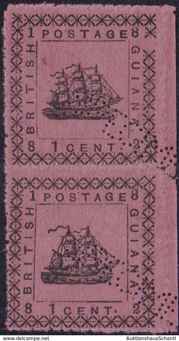 1882, 1 Cent Segelschiff, Senkrechtes Paar Mit Zweimaster Und Dreimaster Se-tenant Zusammenhängend, SPECIMEN-LOCHUNG", R - Guiana (1966-...)