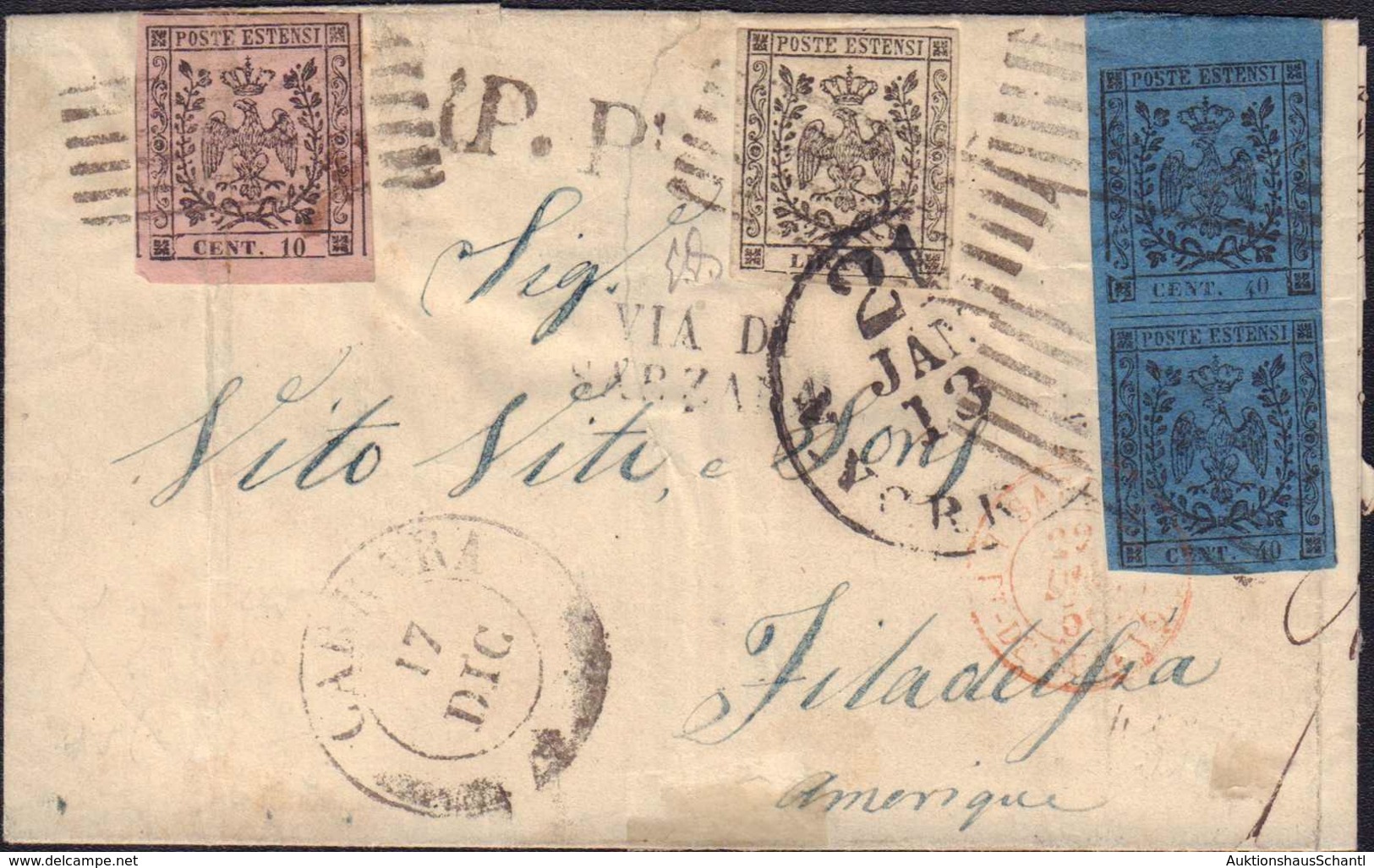 1856, 1 Lira, 40 C. Blau Im Paar Sowie 10 C., Brief Aus Carrara Nach PHILADELPHIA/USA, PP-Stempel, Französischer Grenzüb - Zonder Classificatie