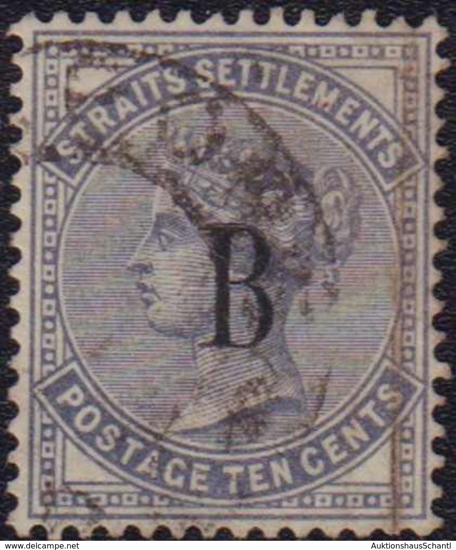 1883, 10 C. Violettschiefer Mit Aufdruck B", Gestempelter Prachtwert (Stanley Gibbons Nr. 21)" - Straits Settlements