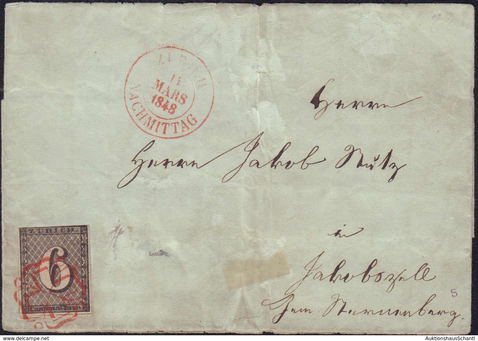 1843, 6 Rp. Zürich" Schwarz, Auf Weissem Papier Mit Waagrechten, Roten Hintergrundlinien, Type II, Bogenfeld-Position 17 - 1843-1852 Correos Federales Y Cantonales