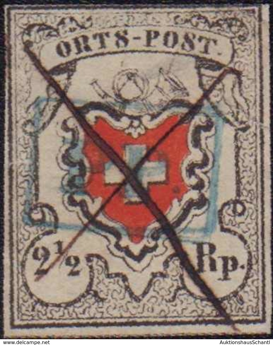 1850, 2 1/2 Rappen Tiefschwarz/braunrot, Sogenannte ORTS-POST", Mit Kreuzeinfasssung, Type 4. Entwertet Mit Blauem PP Im - Autres & Non Classés