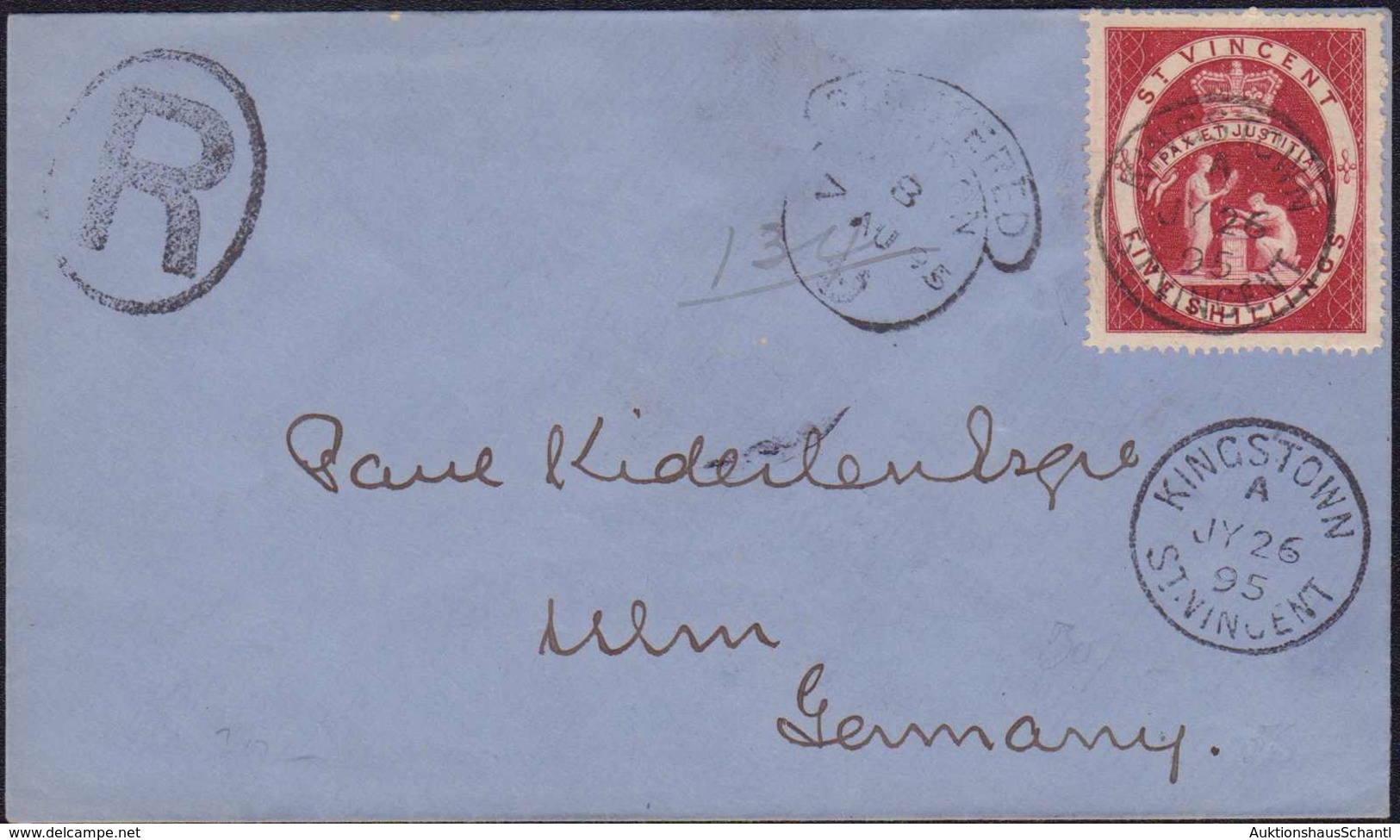 1895, 5 Schilling Einzelfrankatur Auf R-Brief Aus KINGSTOWN Via London Nach ULM /Deutschland, Kiderlen-Korrespondenz - St.Vincent (1979-...)