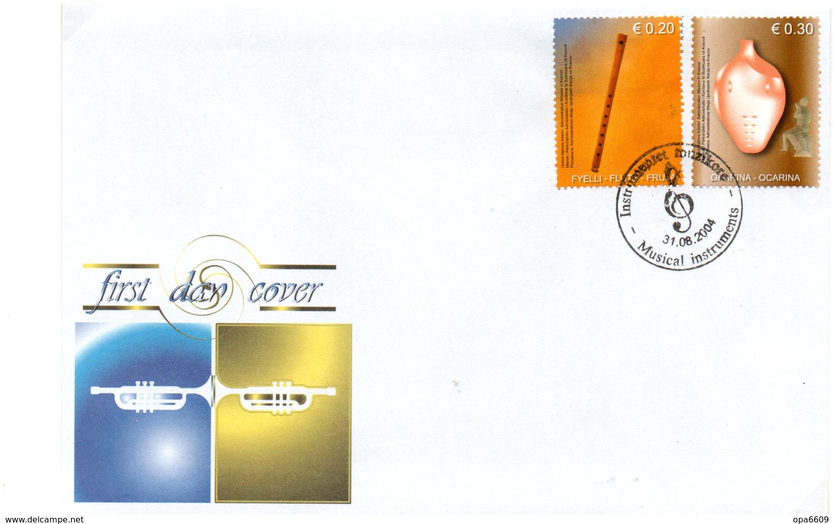 (2WK-2) VEREINTE NATIONEN Im KOSOVO Schmuck-FDC UNMIK Mi-Nr. 20-21 "Holzblasinstumente", ESSt 31.8.2004 - Kosovo