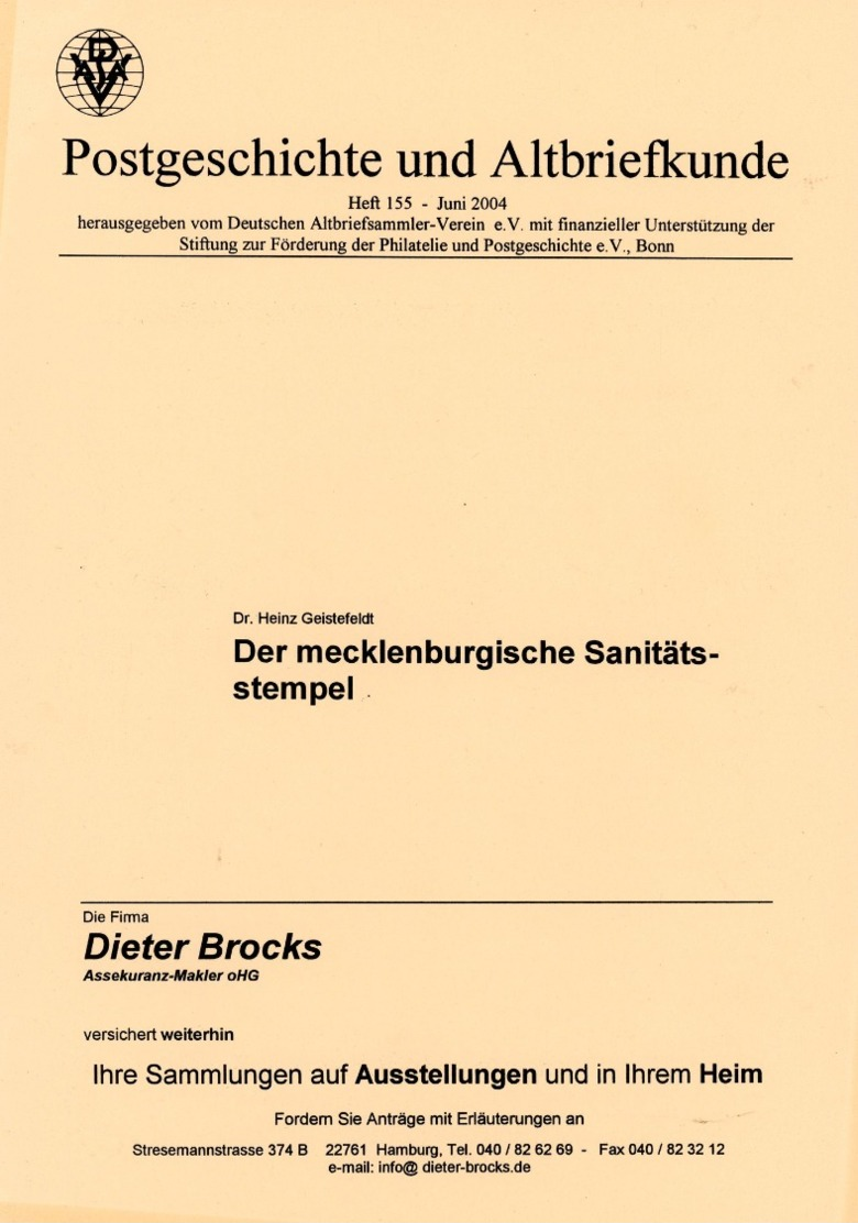 Mecklenburgische Sanitätsstempel - Von Dr. Heinz Geistefeldt  (DASV) PgA 155 Aus 2004 - Prefilatelia