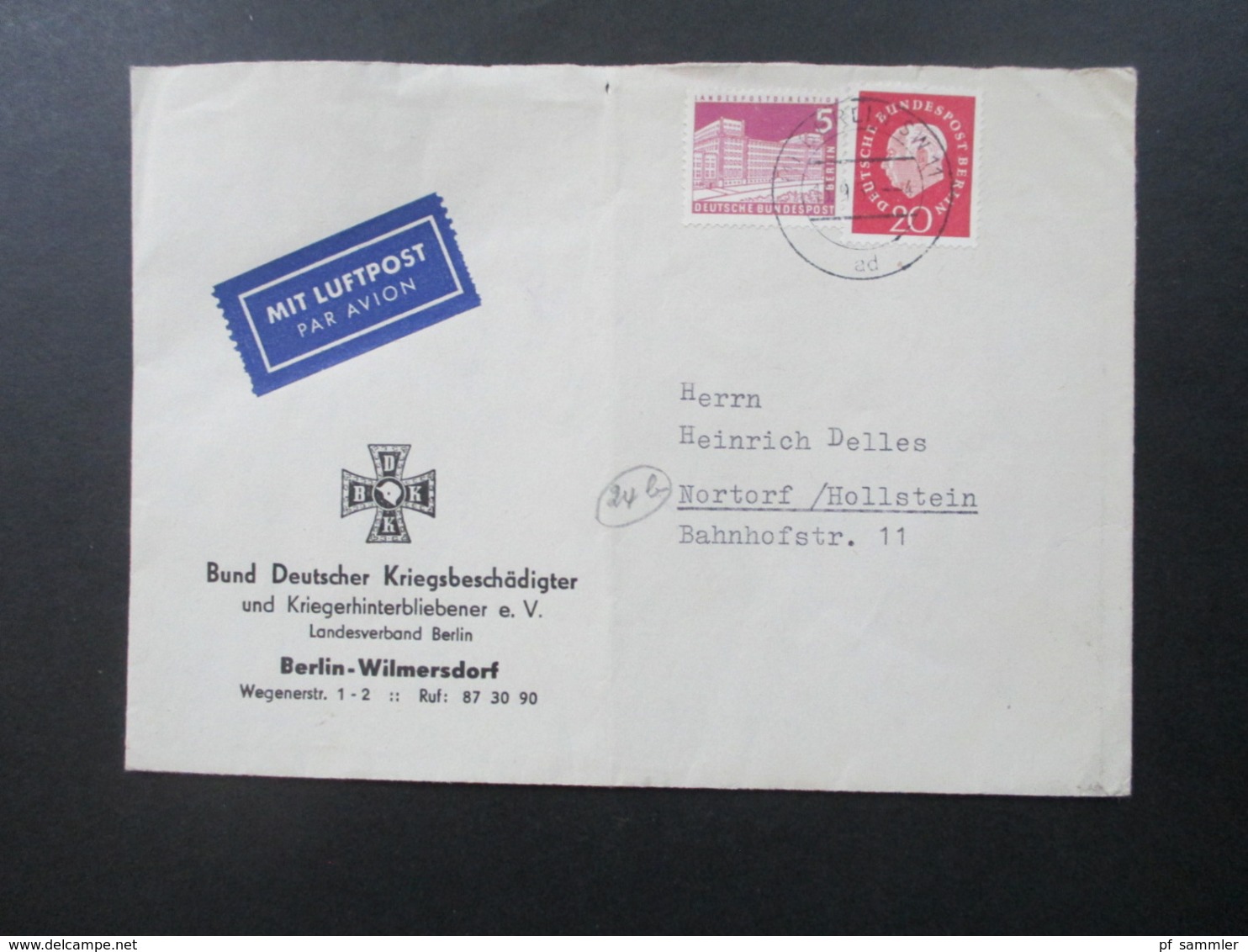 Berlin 1960 Bund Deutscher Kriegsbeschädigter Und Kriegerhinterbliebener Landesverband Berlin Luftpost Nach Nortdorf - Covers & Documents