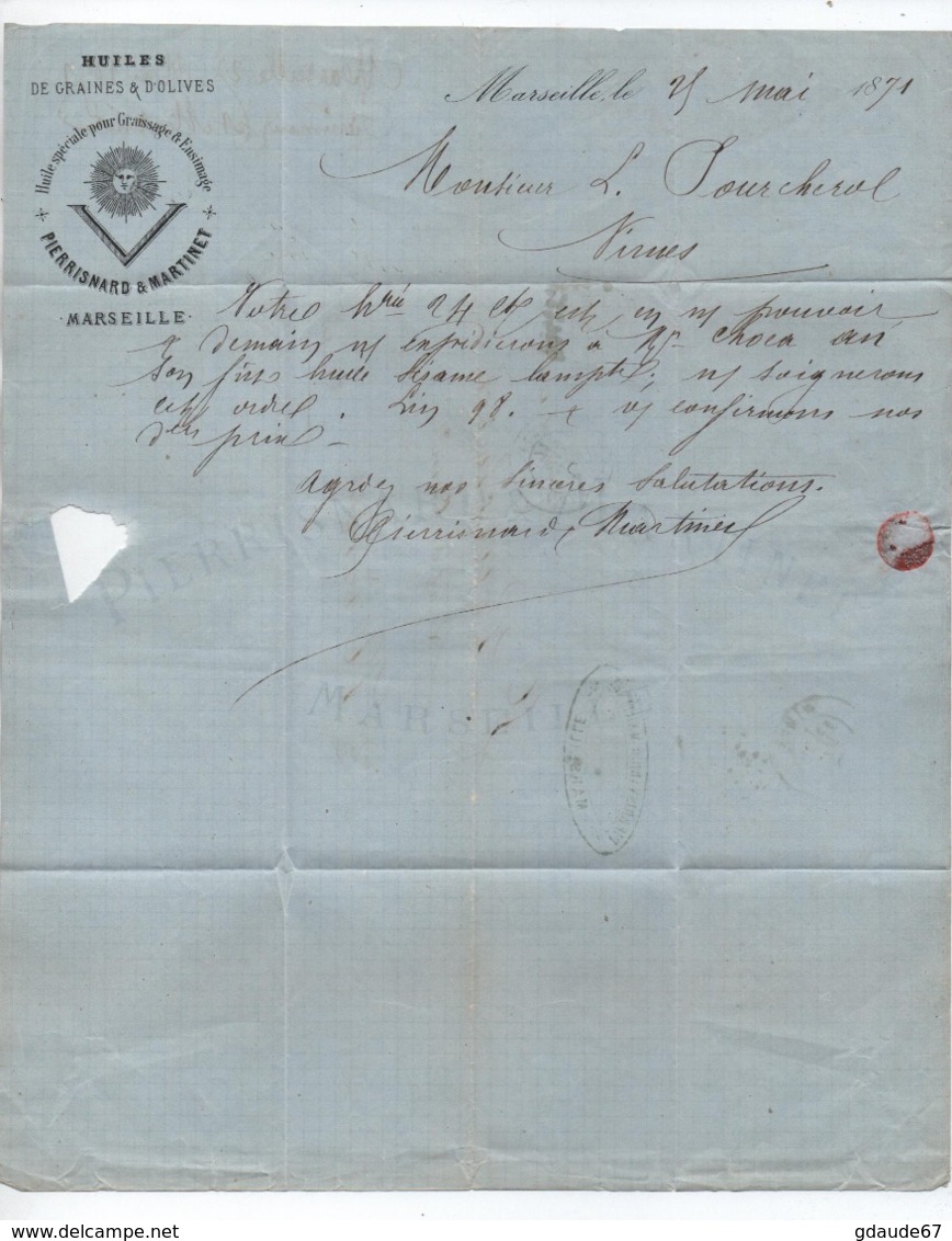 1871 - LETTRE COMMERCIALE De MARSEILLE Avec BORDEAUX N° 46 - 1849-1876: Classic Period