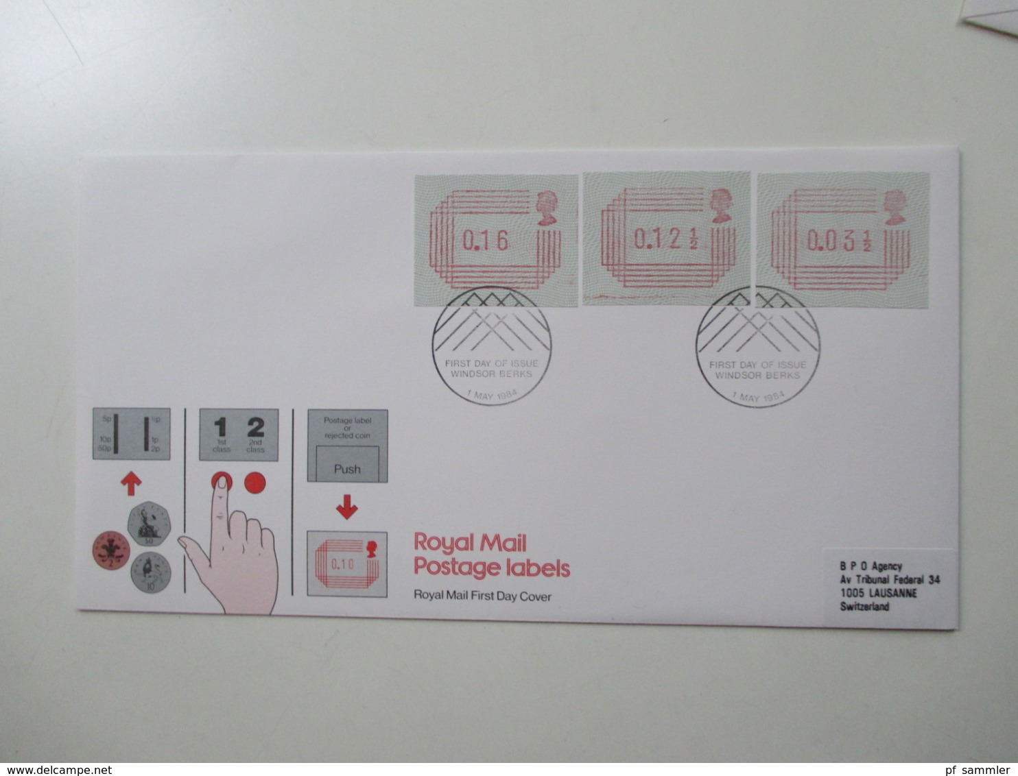 GB ATM 1984 4 verschiedene FDC / Stempel London, Southampton, Windsor Berks, Cambridge Royal Mail Postage Labels