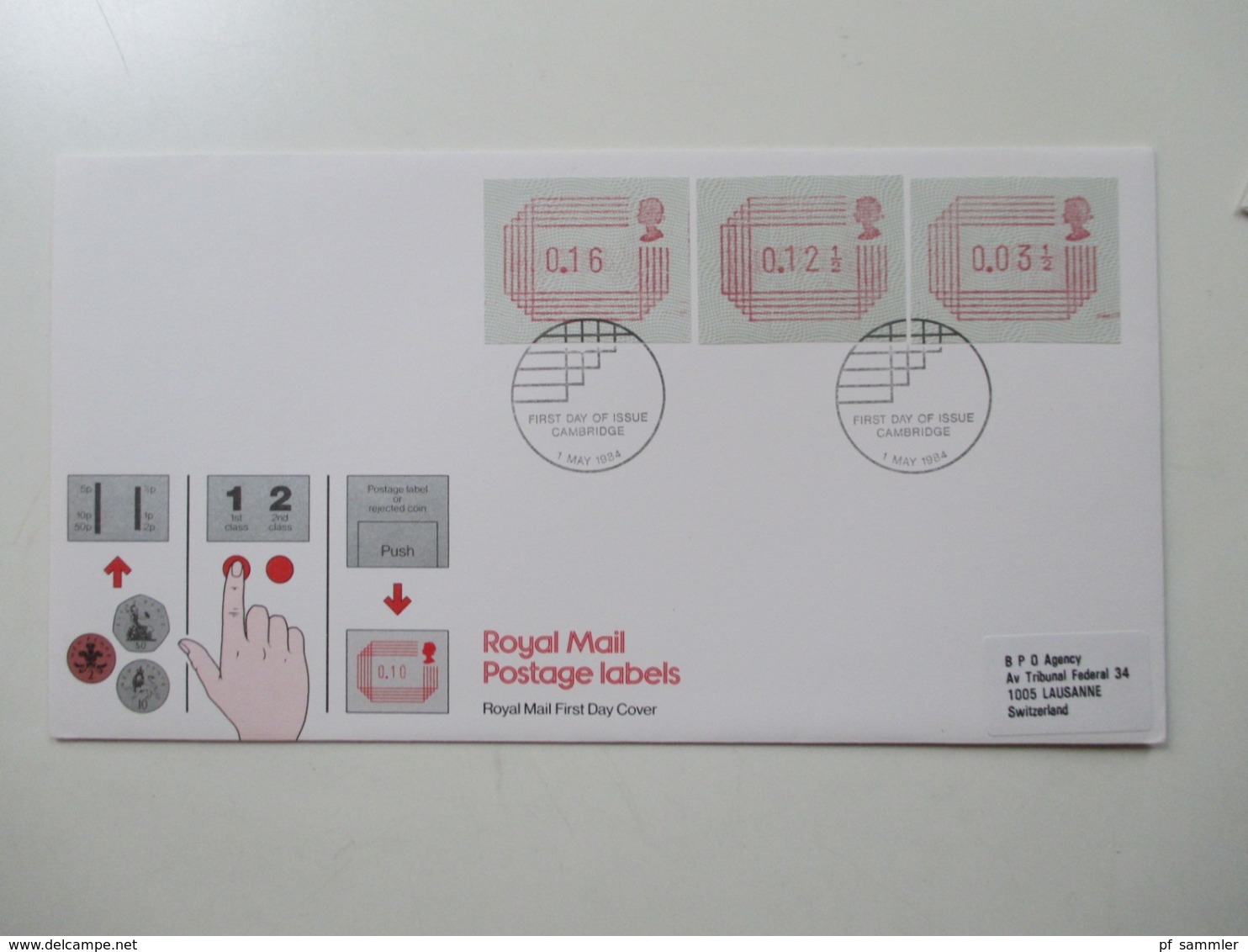 GB ATM 1984 4 verschiedene FDC / Stempel London, Southampton, Windsor Berks, Cambridge Royal Mail Postage Labels