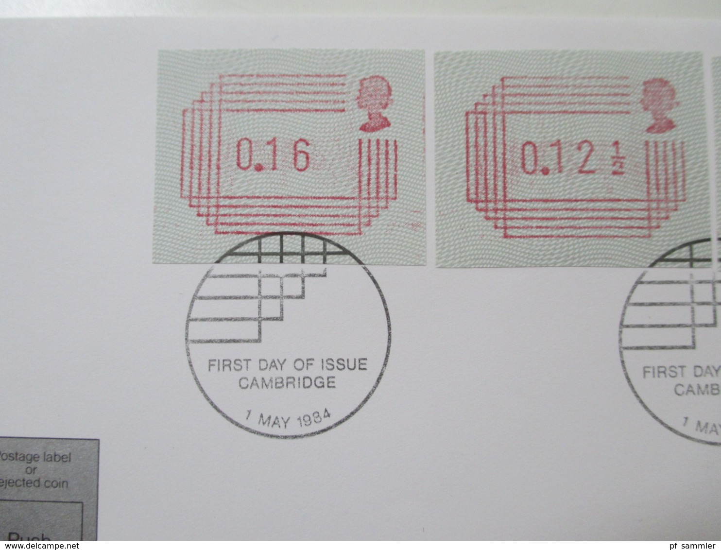 GB ATM 1984 4 verschiedene FDC / Stempel London, Southampton, Windsor Berks, Cambridge Royal Mail Postage Labels