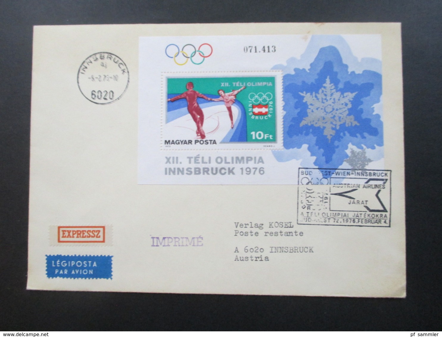 Ungarn 1975 Block 116 A Olympische Winterspiele Luftpost / Express Brief Mit SST Austrian Airlines Jarat Nach Innsbruck - Storia Postale