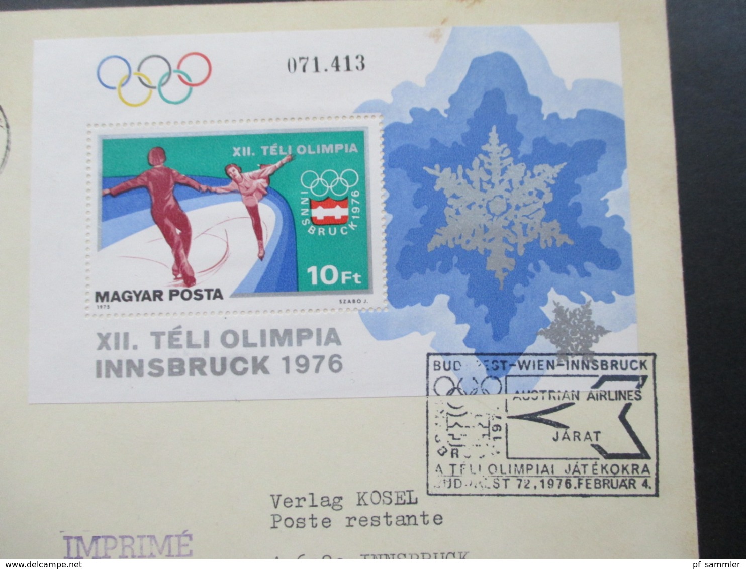 Ungarn 1975 Block 116 A Olympische Winterspiele Luftpost / Express Brief Mit SST Austrian Airlines Jarat Nach Innsbruck - Brieven En Documenten