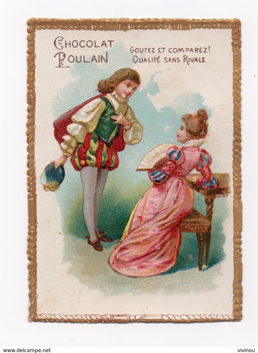 Chromo Chocolat Poulain Gaufrée Bordure Festonnée Couple En Costume Renaissance  éventail - Poulain