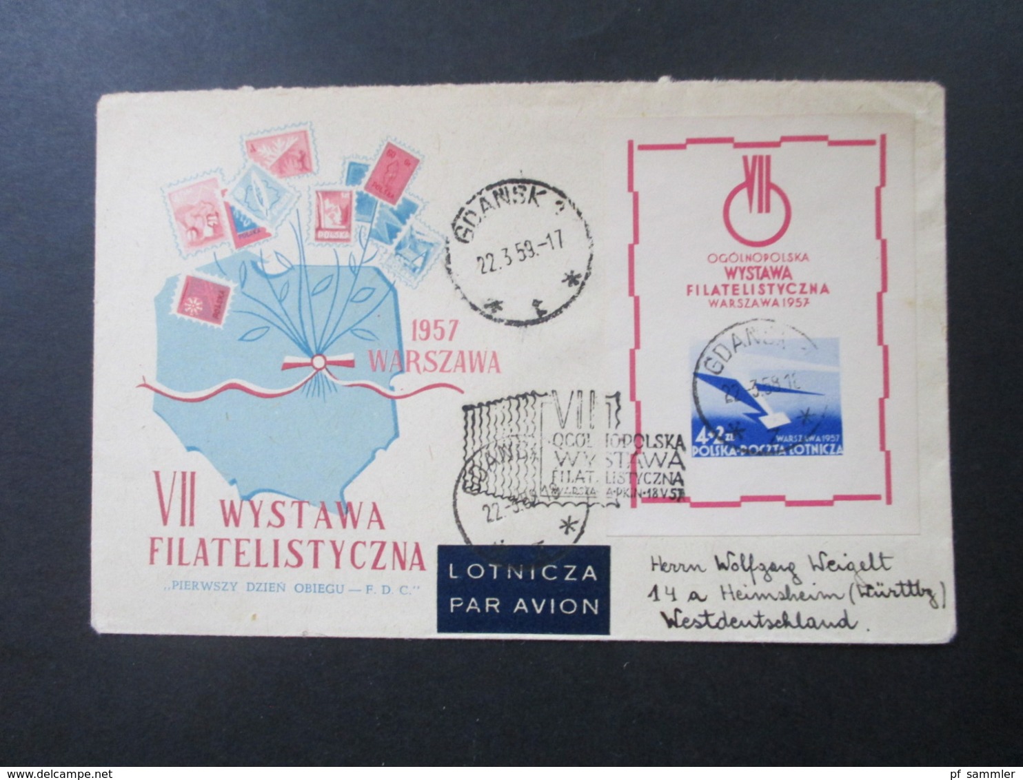 Polen 1957 Block 21 Nationale Briefmarkenausstellung Sonderumschlag Wystawa Filatelistyczna Stempel Gdansk (Danzig) - Storia Postale