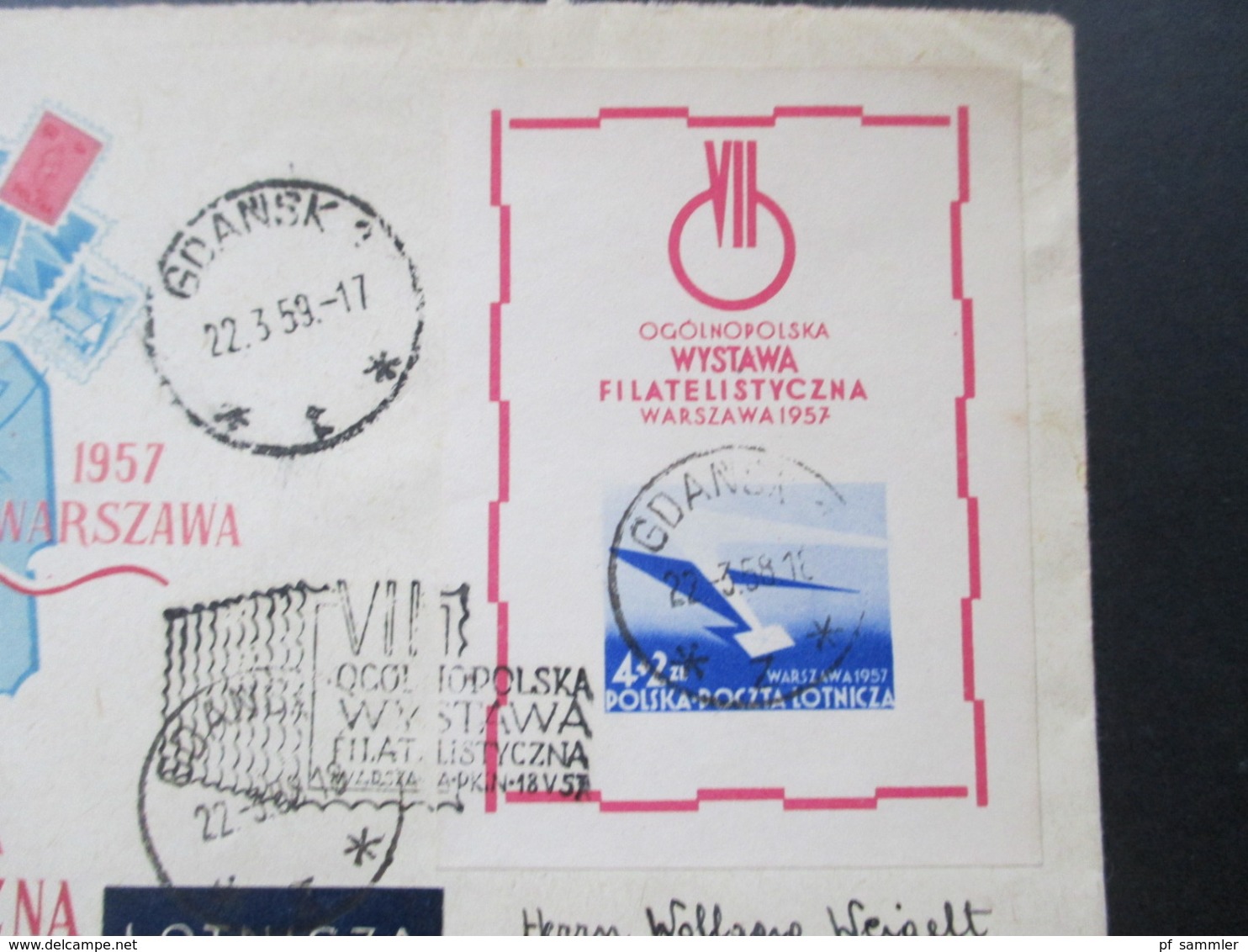 Polen 1957 Block 21 Nationale Briefmarkenausstellung Sonderumschlag Wystawa Filatelistyczna Stempel Gdansk (Danzig) - Lettres & Documents
