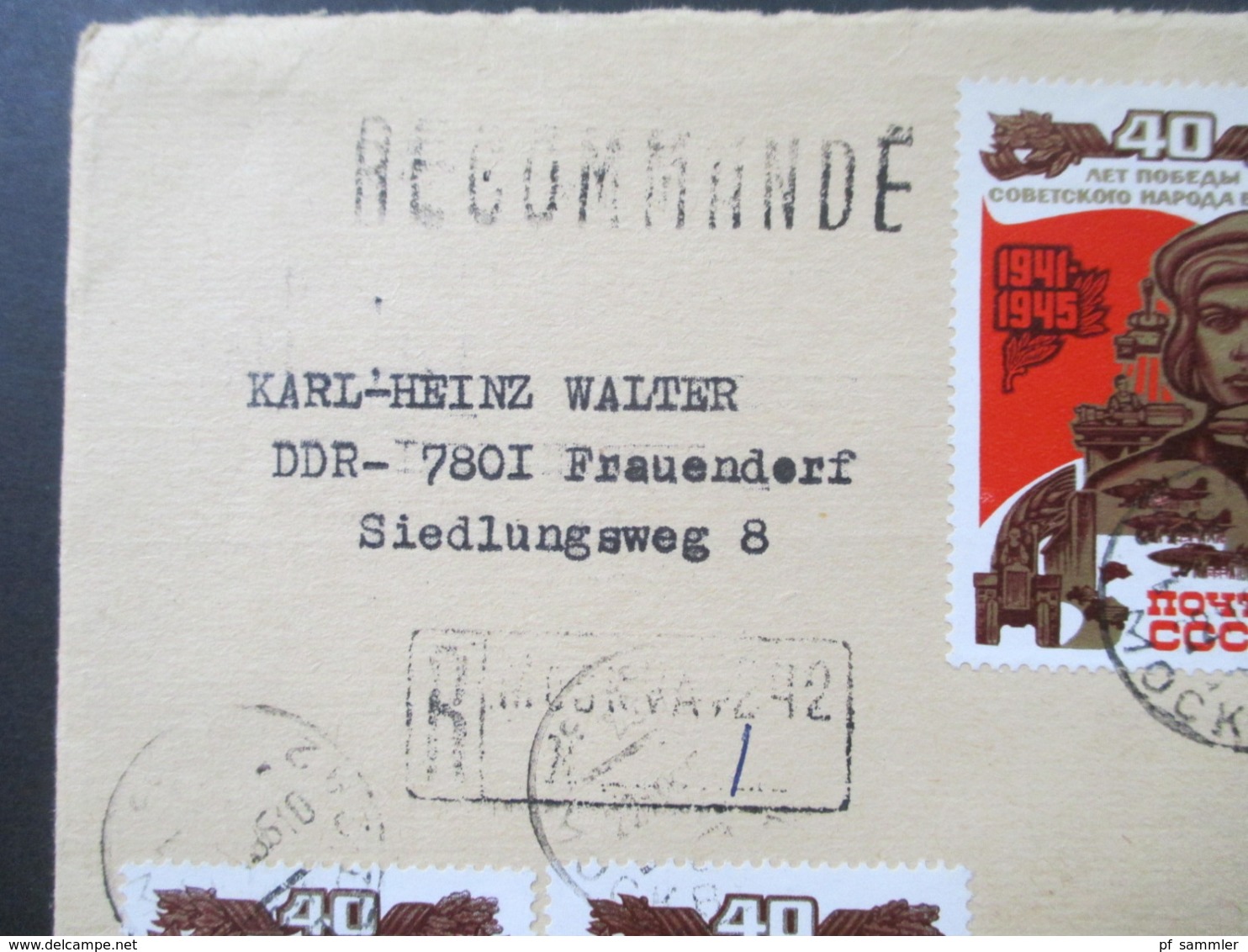 UDSSR 1985 Einschreiben Lettland - Frauendorf DDR Motivmarken 40. Jahrestag Der Beendigung Des Zweiten Weltkrieges - Covers & Documents