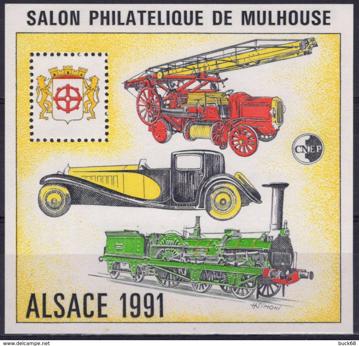 FRANCE 13 ** MNH Feuillet-souvenir CNEP : Salon De Mulhouse (Haut-Rhin) Alsace 1991 Pompier Bugatti  Train Musée [GR] - CNEP