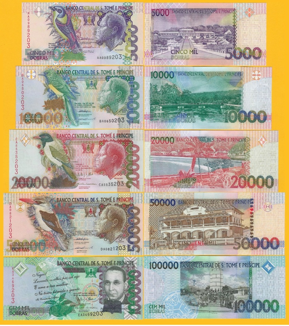 Saint Thomas & Prince / Sao Tomé E Principe Full Set 5000 10000 20000 50000 100000 Dobras 1996-2013 UNC Banknotes - San Tomé E Principe