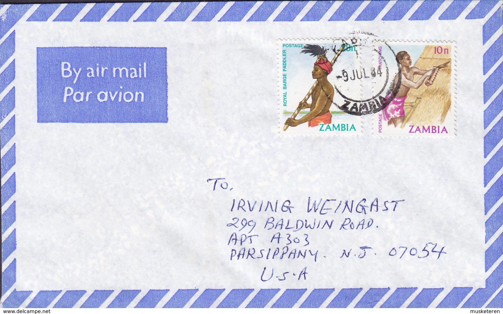 Zambia Air Mail Par Avion KABWE 1984 Cover Brief United States Royal Berge Paddler & Thatching Stamps - Zambia (1965-...)