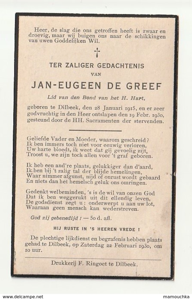 Doodsprentje Jan Eugeen DE GREEF Dilbeek 1915 - 1930 Kind - Images Religieuses