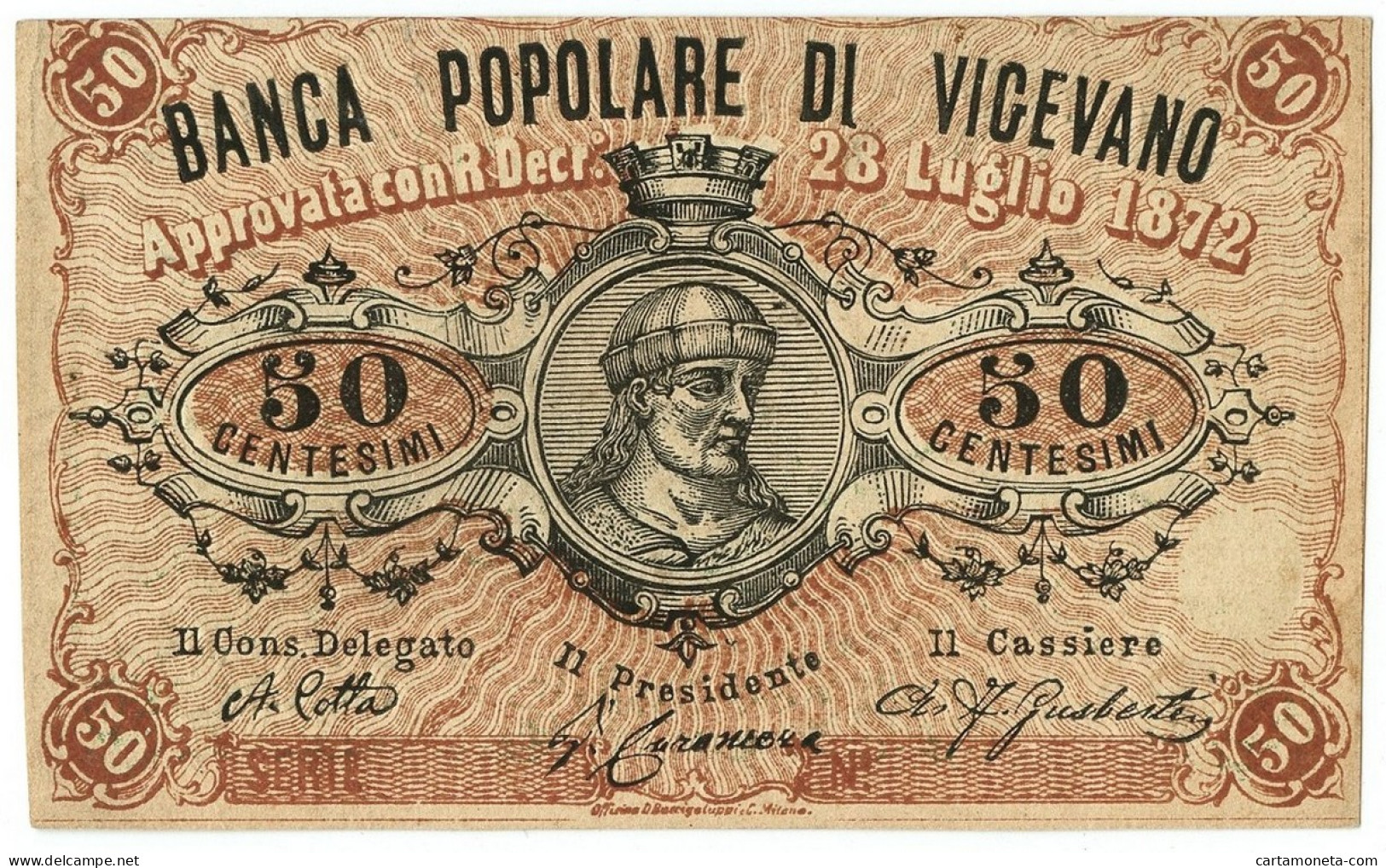 50 CENTESIMI NON EMESSO FIDUCIARIO BANCA POPOLARE DI VIGEVANO 28/07/1872 SUP - Altri & Non Classificati