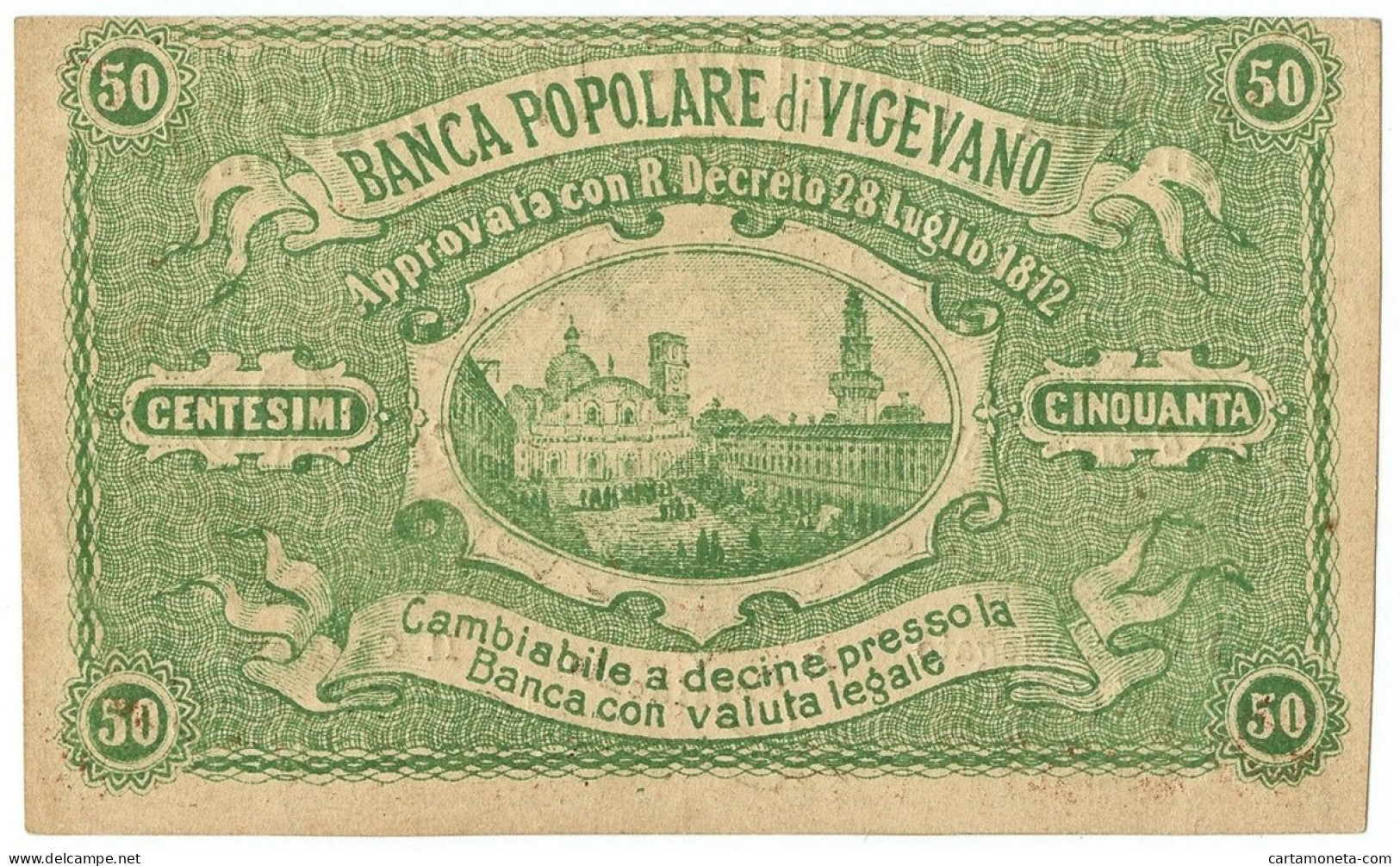 50 CENTESIMI NON EMESSO FIDUCIARIO BANCA POPOLARE DI VIGEVANO 28/07/1872 SUP - Altri & Non Classificati