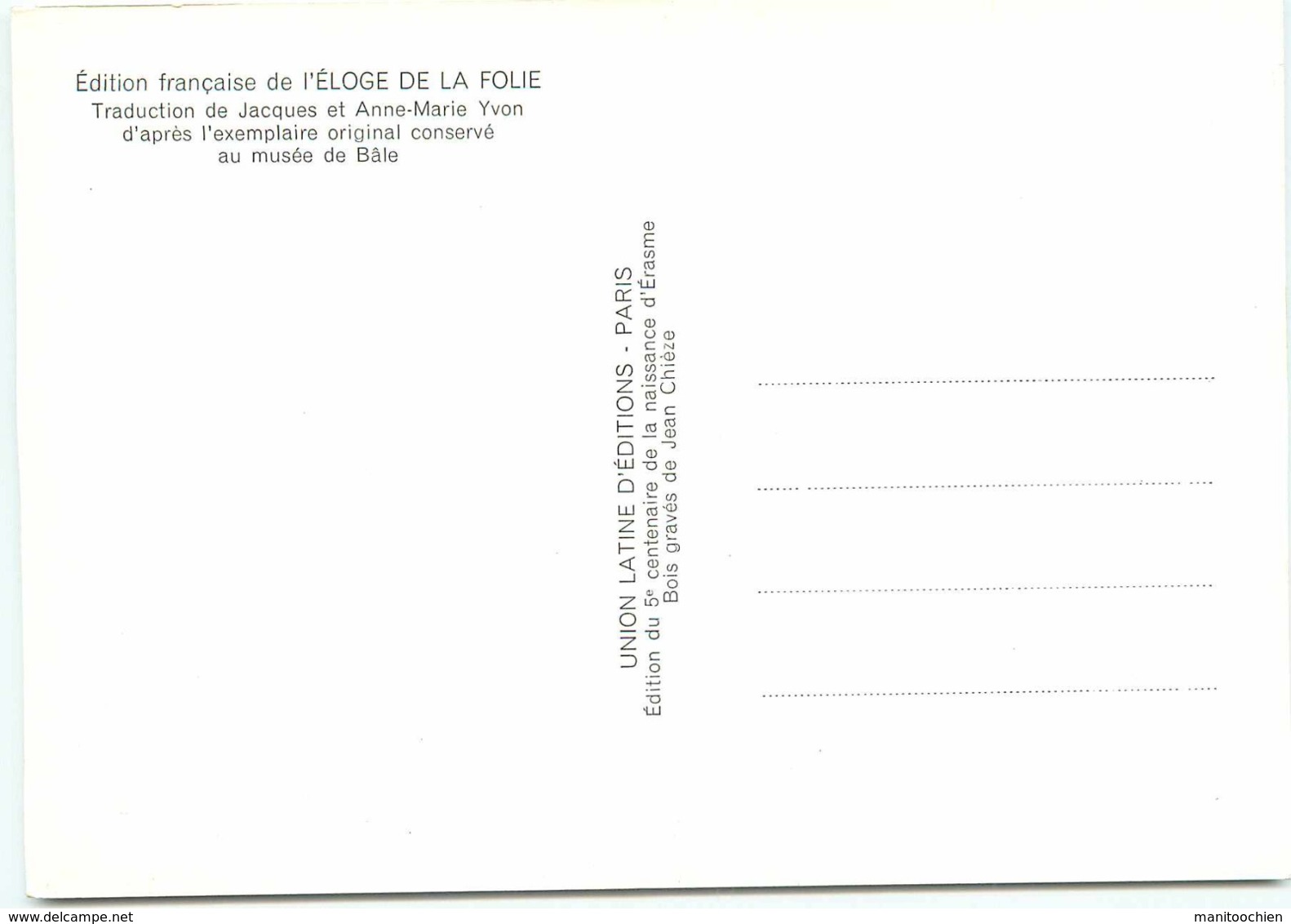 LOT DE 10 CARTES BOIS GRAVE PAR JEAN CHIEZE SUR L'ELOGE DE LA FOLIE PAR ERASME