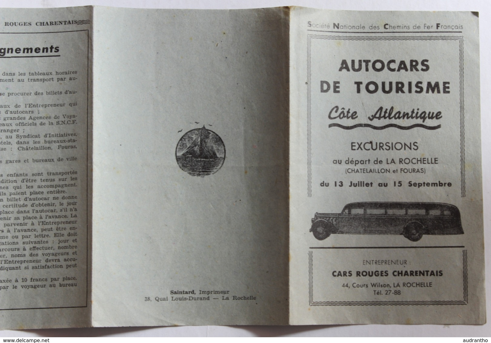 Dépliant Publicitaire Autocars De Tourisme Entrepreneur Cars Rouges Charentais 44 Cours Wilson La Rochelle SNCF - Publicités