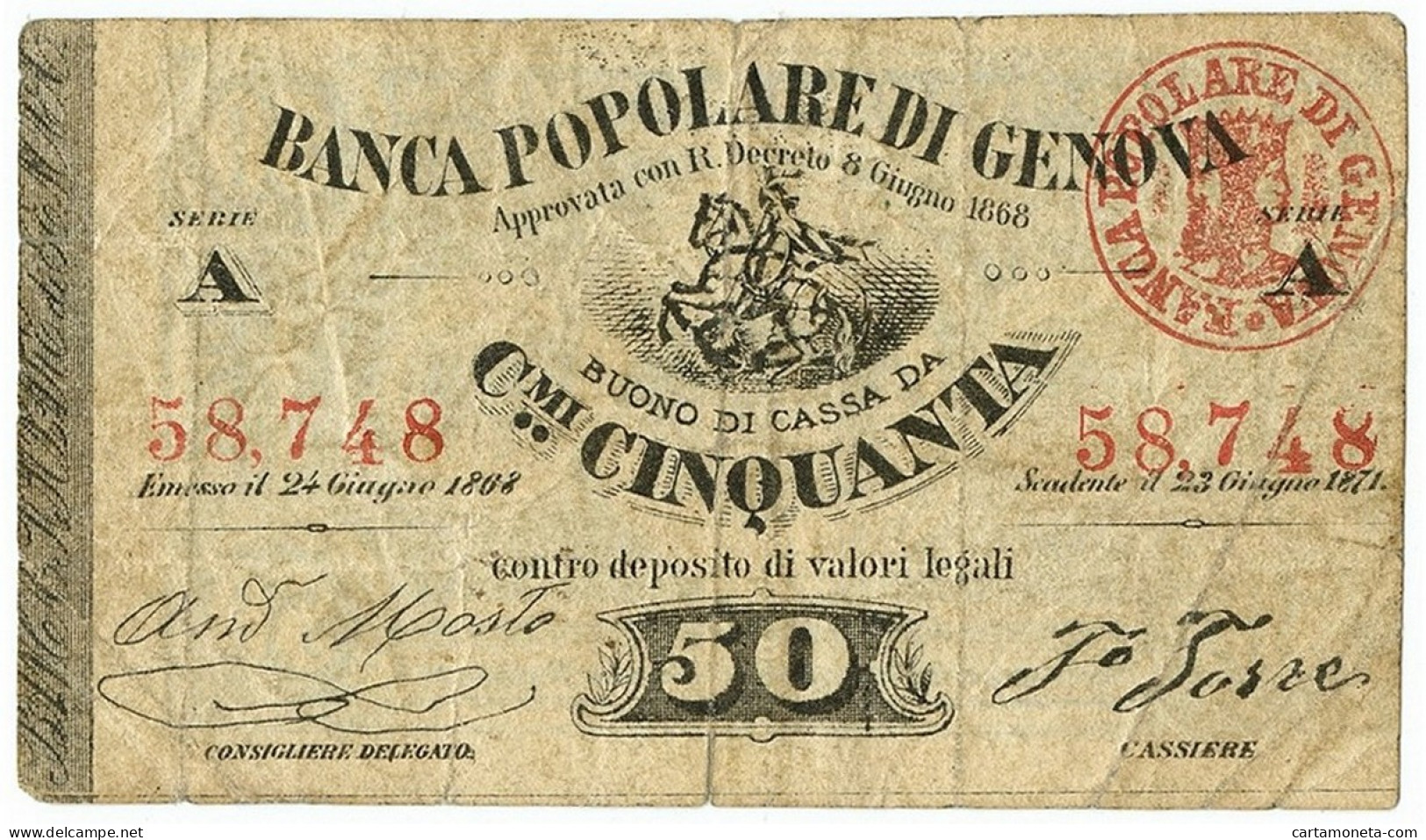 50 CENTESIMI BIGLIETTO FIDUCIARIO BANCA POPOLARE DI GENOVA 24/06/1868 BB- - Altri & Non Classificati