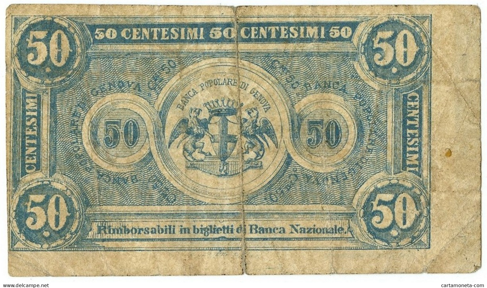 50 CENTESIMI BIGLIETTO FIDUCIARIO BANCA POPOLARE DI GENOVA 24/06/1868 BB- - Altri & Non Classificati