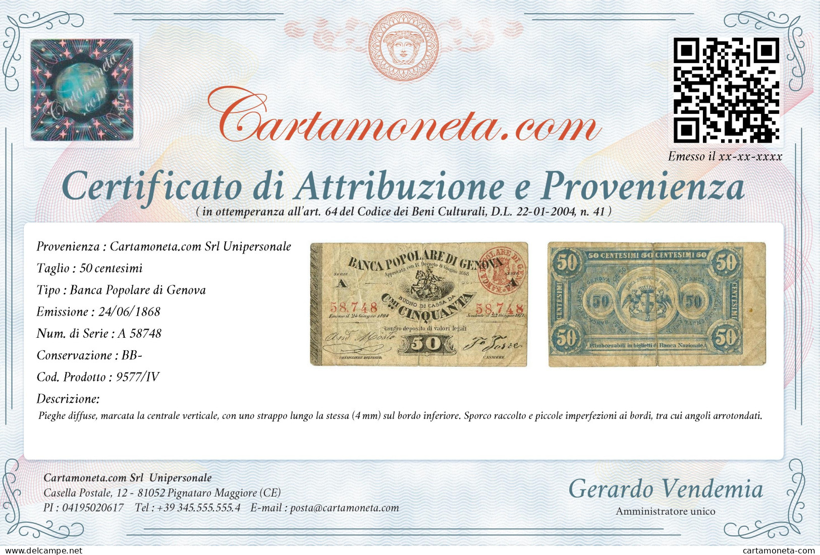 50 CENTESIMI BIGLIETTO FIDUCIARIO BANCA POPOLARE DI GENOVA 24/06/1868 BB- - Altri & Non Classificati