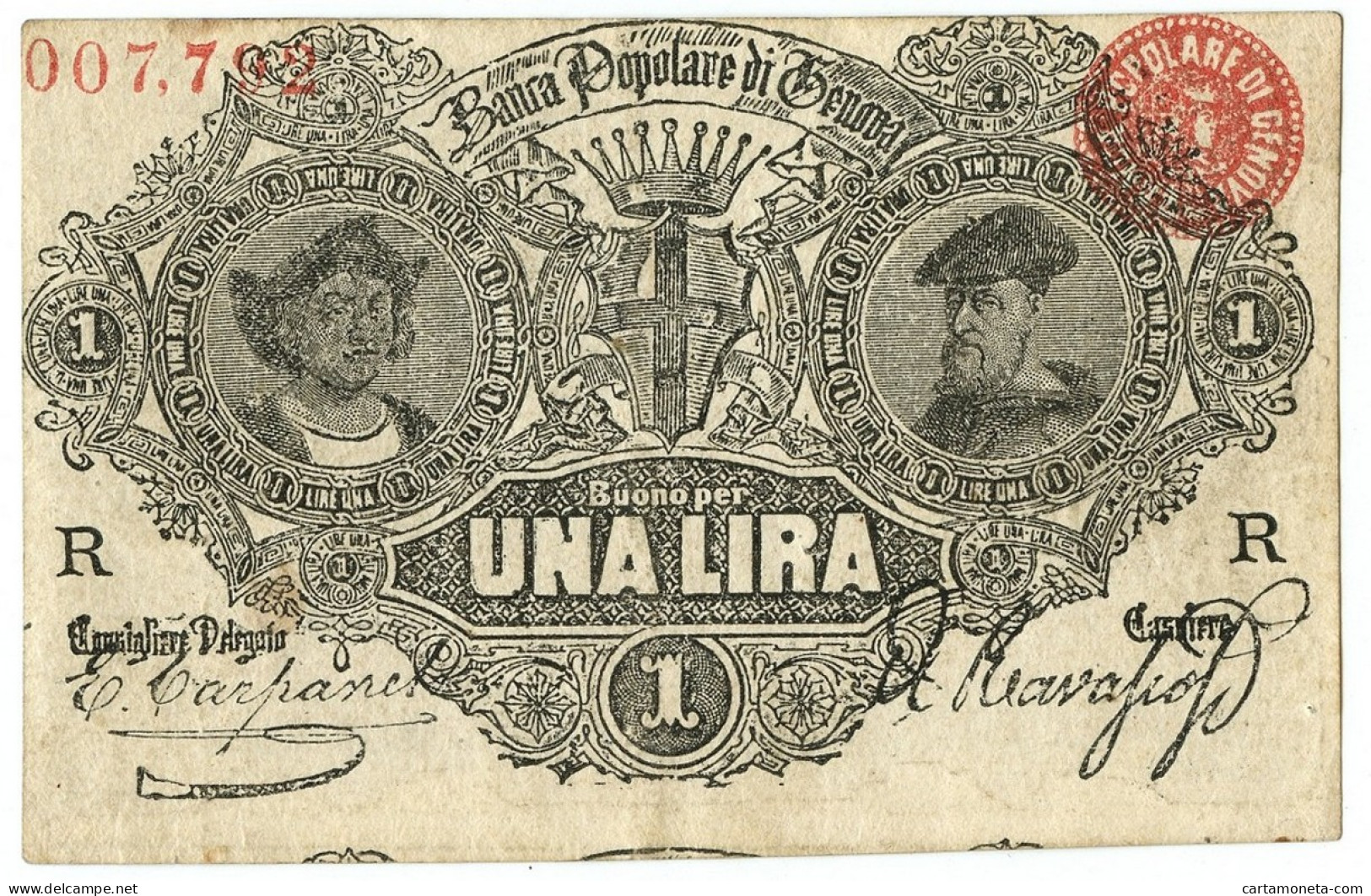 1 LIRA BIGLIETTO FIDUCIARIO BANCA POPOLARE DI GENOVA 1868 BB+ - Altri & Non Classificati