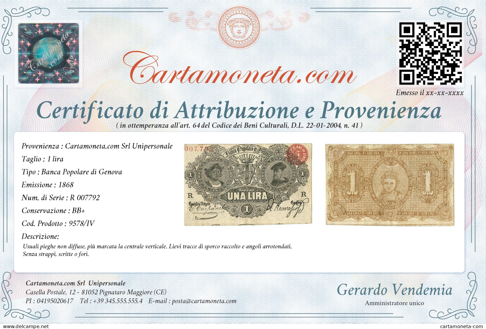 1 LIRA BIGLIETTO FIDUCIARIO BANCA POPOLARE DI GENOVA 1868 BB+ - Altri & Non Classificati