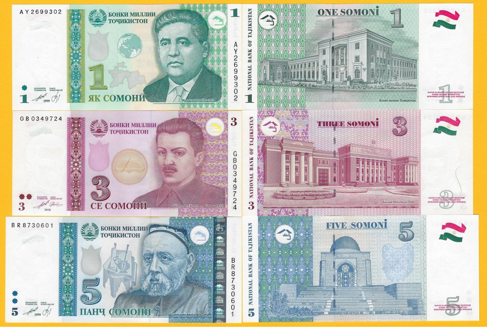 Tajikistan Set 1, 3, 5 Somoni 1999-2010 UNC Banknotes - Tadzjikistan