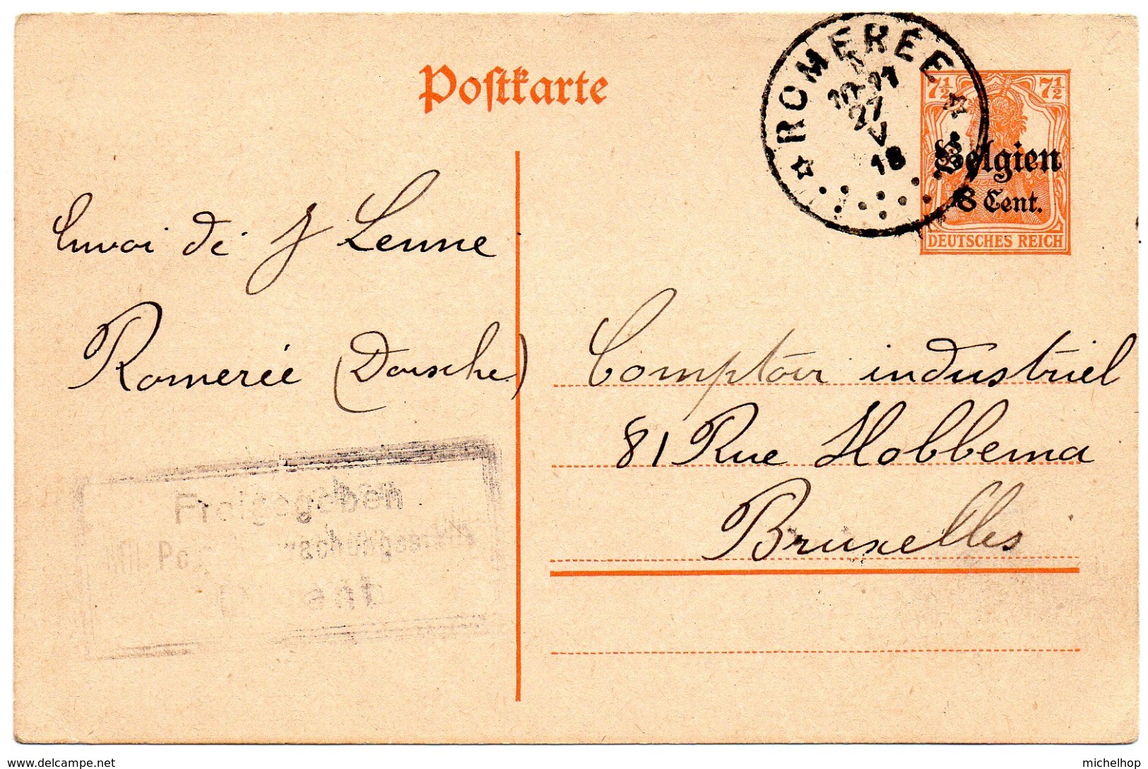 EP Oblitération Dépôt-relais De ROMEREE Vers Bruxelles - Censure De Dinant (1918) - OC1/25 Gouvernement Général