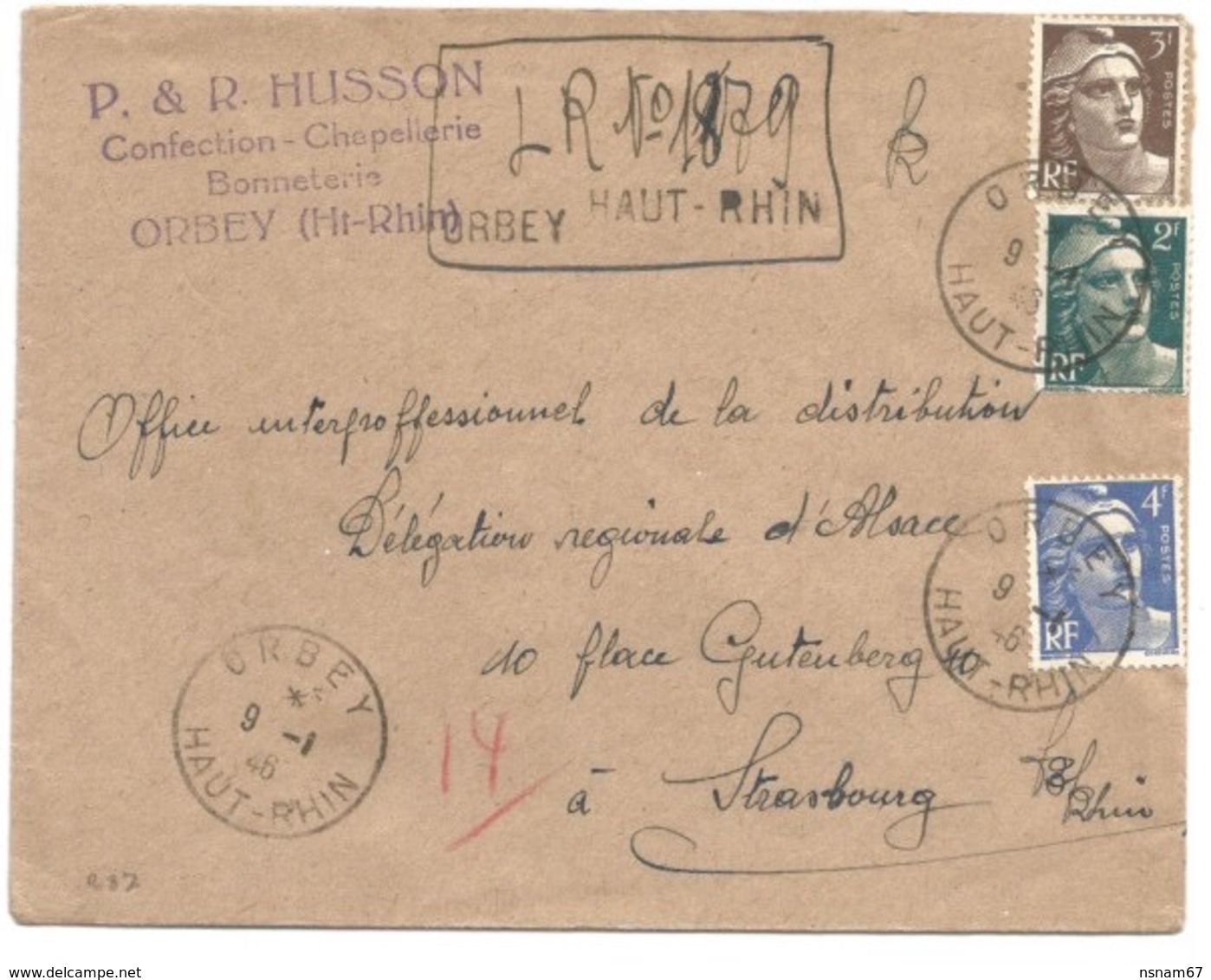 R87 - ORBEY - 1946 - Entête Chapellerie HUSSON - Recommandé Provisoire - Tarif Correct à 9 Francs - - Lettres & Documents