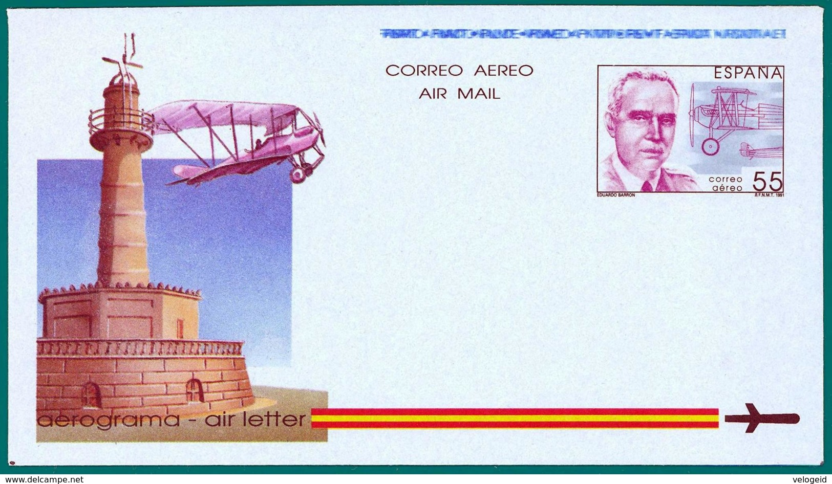 España. Spain. 1991. Aerograma. Air Letter. Eduardo Barron. Proyectista De Aviones - 1931-....