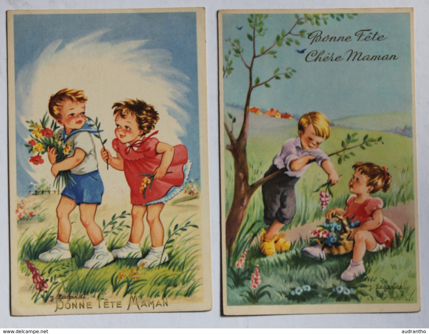 2 CPSM Vintage Bonne Fête Maman Jeune Fille Jeune Garçon Illustrateur J. Lagarde - Autres & Non Classés