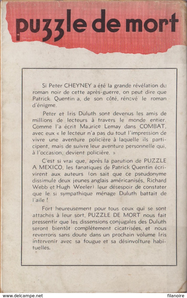 Patrick QUENTIN Puzzle De Mort Presses De La Cité (EO, 1949) - Presses De La Cité