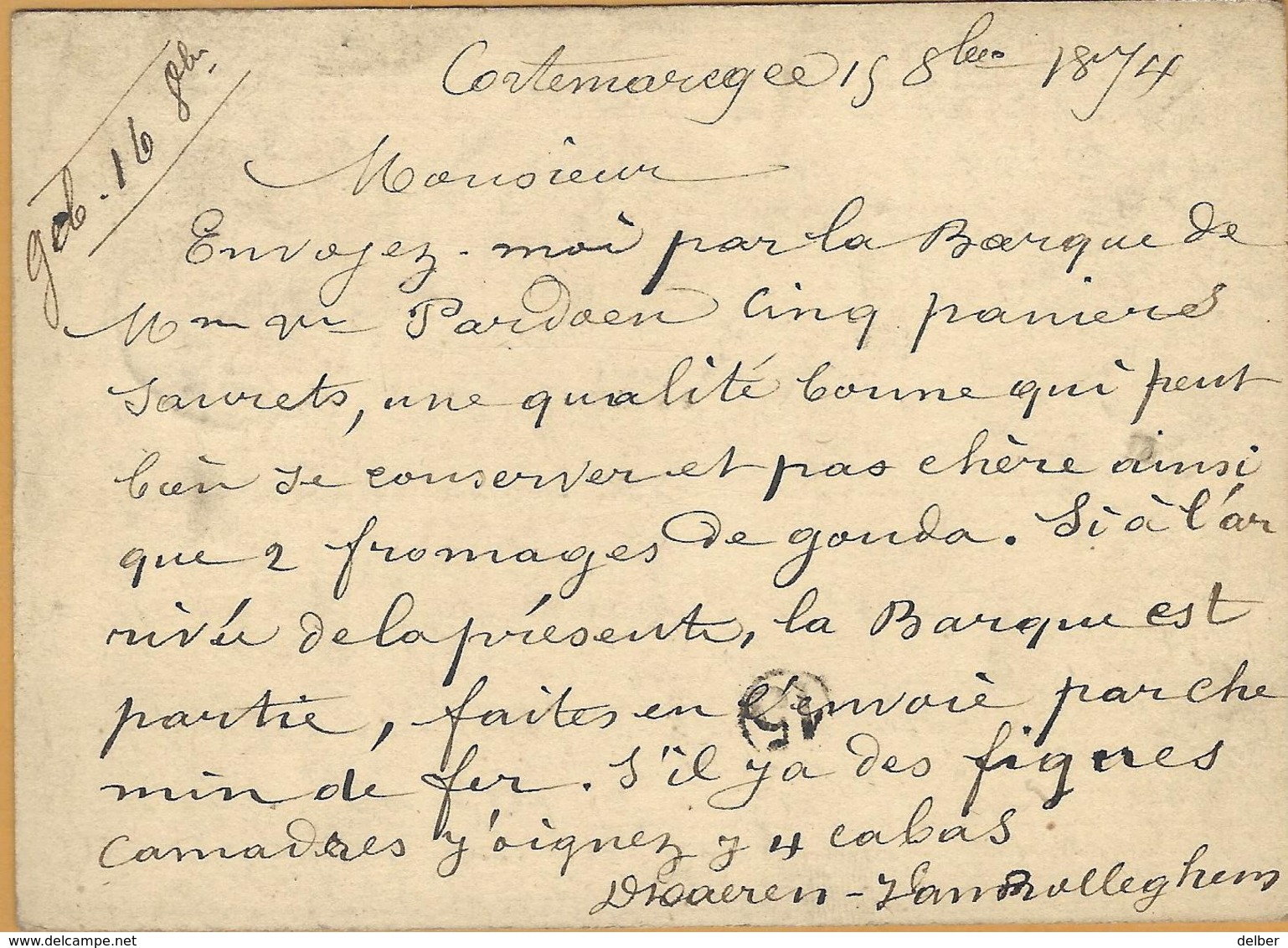6ik-541:Postbus Letter:U:CORTEMARCK /Carte-CORRESPONDANCE : 5ct: THOUROUT 15 DEC 74> Gand - Cartes Postales 1871-1909