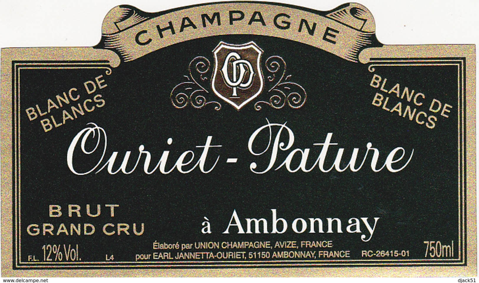 Etiquette Champagne  BRUT  GRAND CRU BLANC DE BLANCS / Ouriet - Pature (51) AMBONNAY / 750 Ml - Champagne