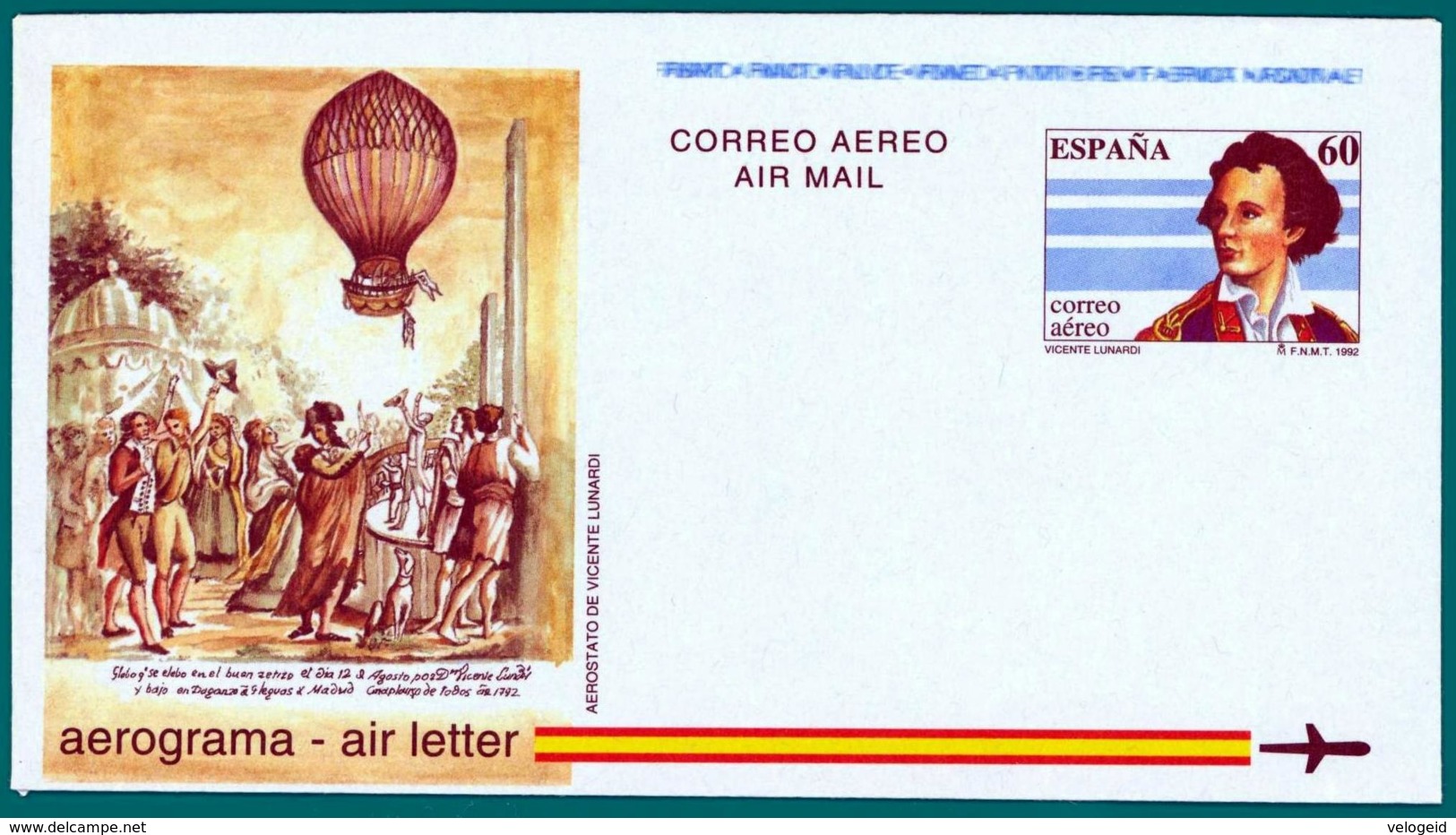 España. Spain. 1992. Aerograma. Air Letter. Globo Aerostatico. Hot Air Balloon. Vicente Lunardi - 1931-....