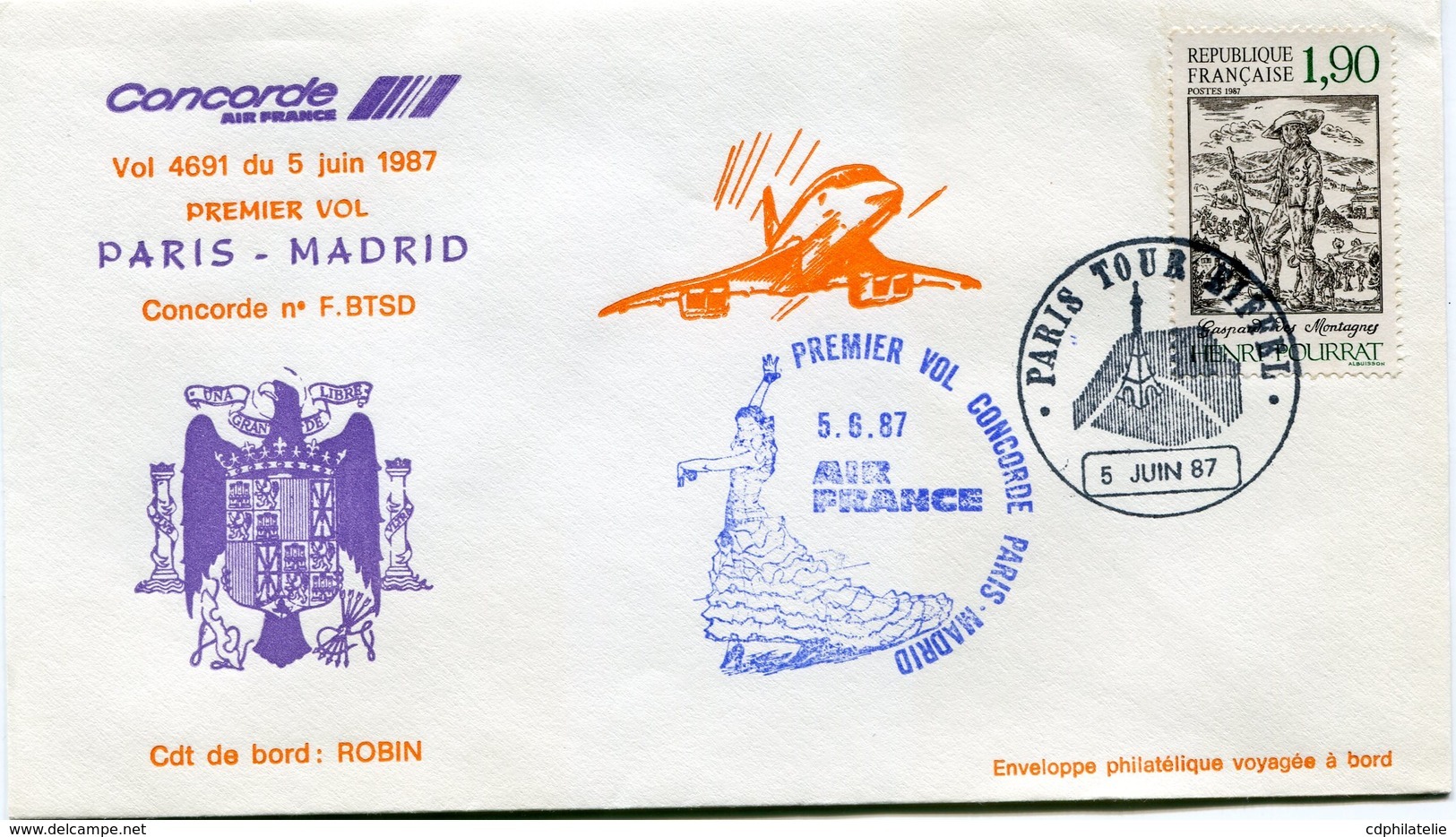 ENVELOPPE CONCORDE PREMIER VOL PARIS - MADRID DU 5 JUIN 1987 - Concorde
