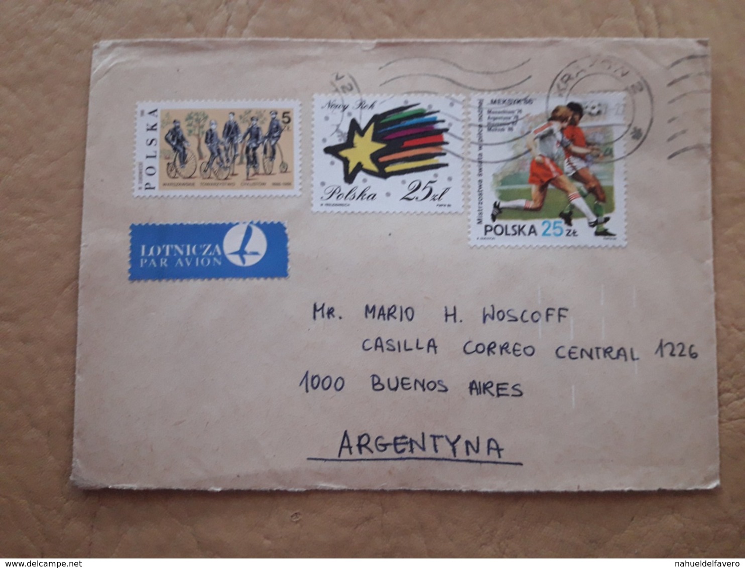 Football, Enveloppe De La Pologne Distribuée En Argentine Avec Timbre De Football Et Autres - Lettres & Documents