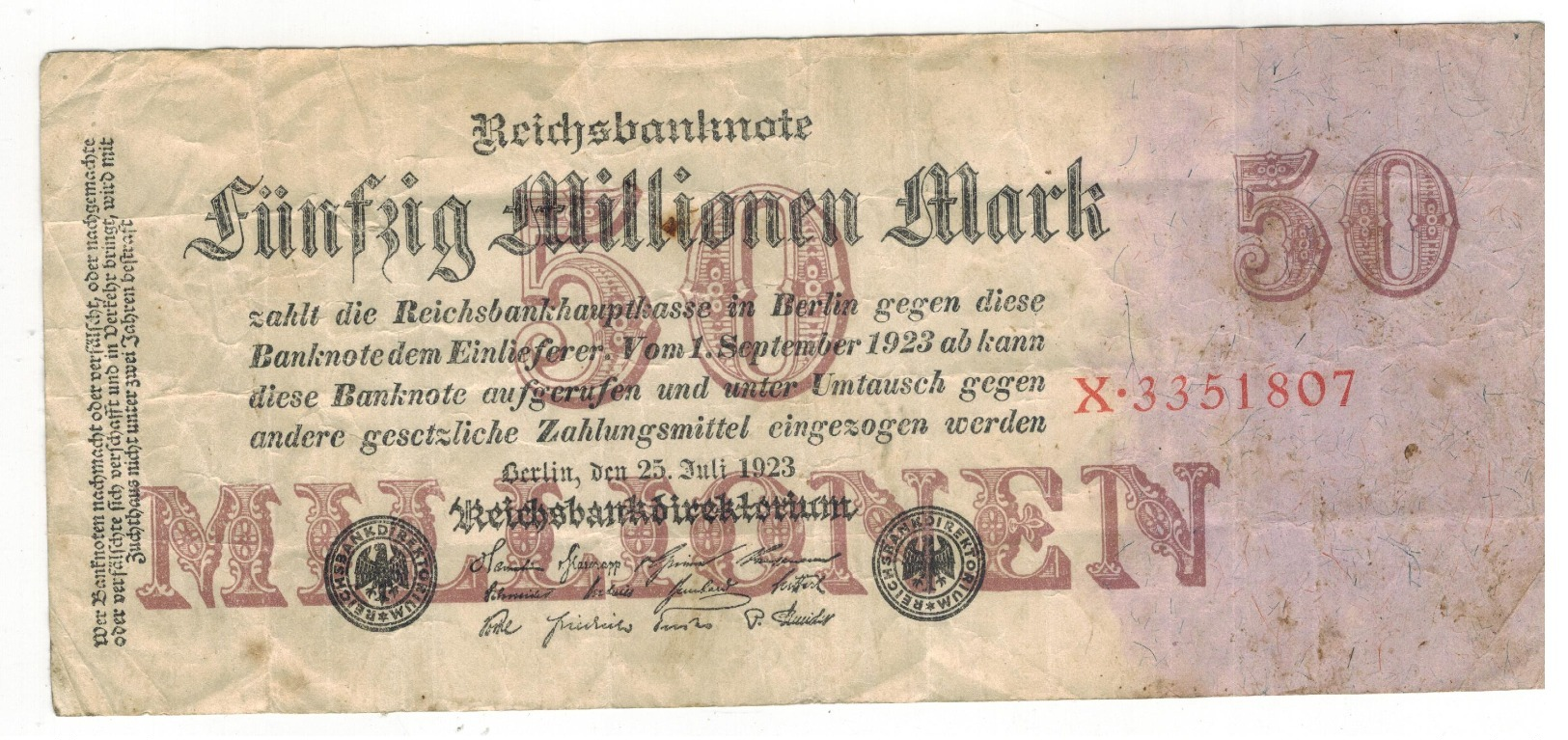 Germany 50 Million Mk. 1923, F/VF. - 50 Millionen Mark