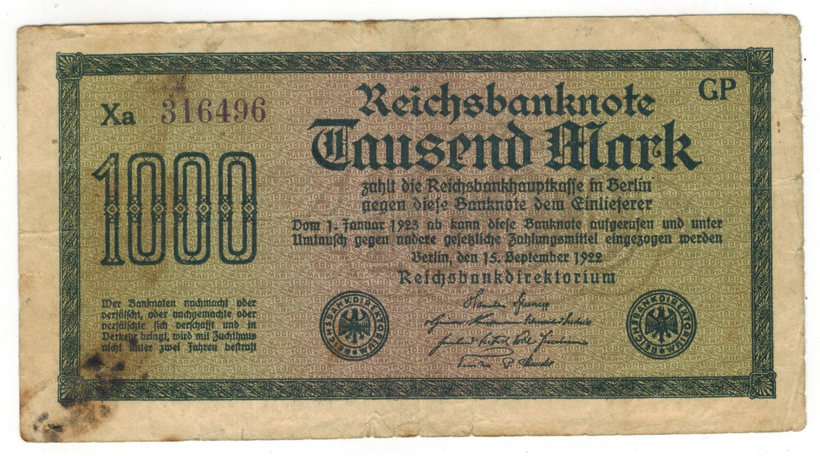 Germany 1000 Mk , 1922.  F. - 1000 Mark