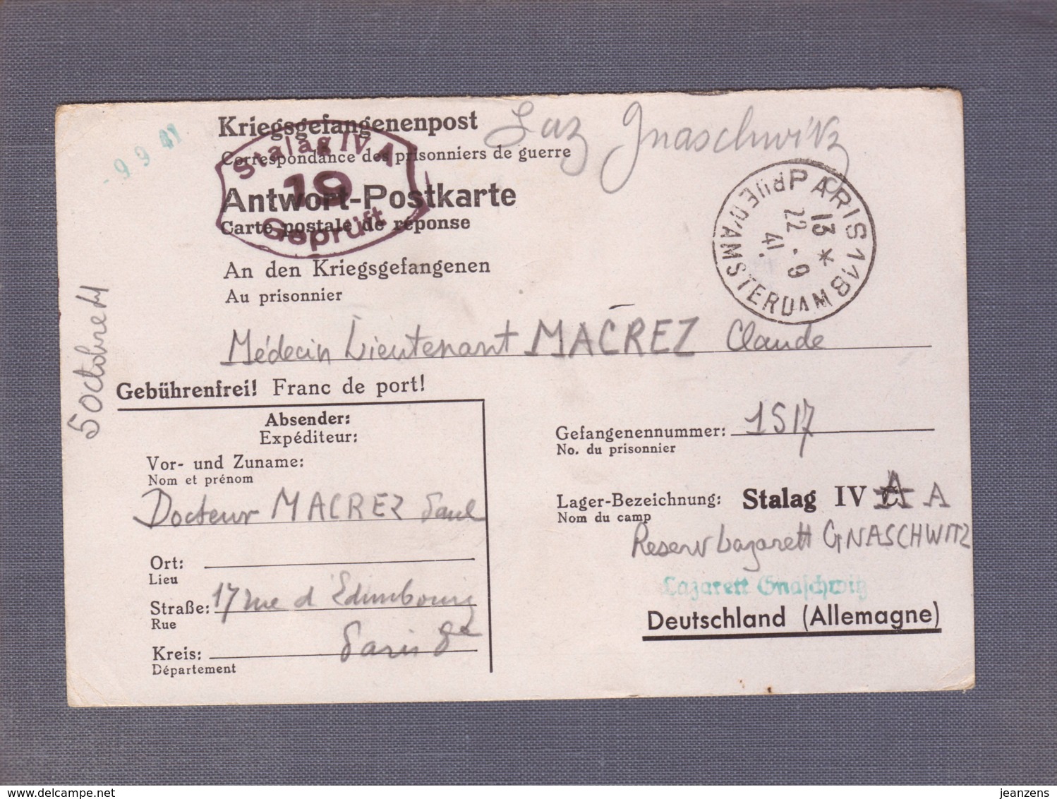 Correspondance De PG -Lieutenant Médecin - Obl. Paris 1941  ->Stalag IV A Et IV C - Censored/Zensur/Censure  Du Camp - Guerre De 1939-45